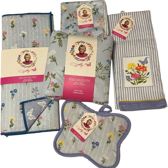 Dolly Parton Other - Dolly Parton 6pc Kitchen Set Floral Butterfly Tablecloth Drying Mat Towel New